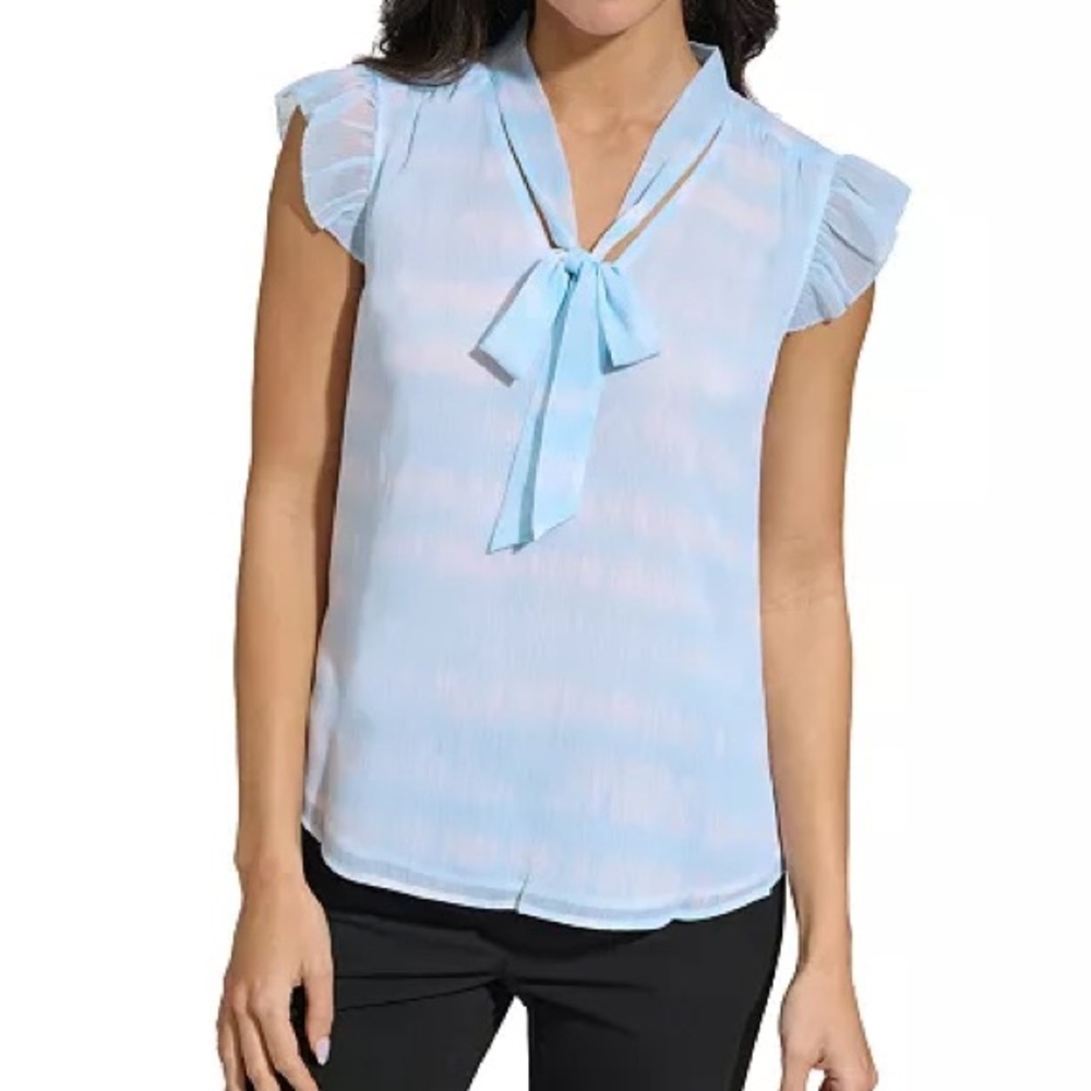 Calvin Klein V Neck Ruffle Cap Sleeve Blouse